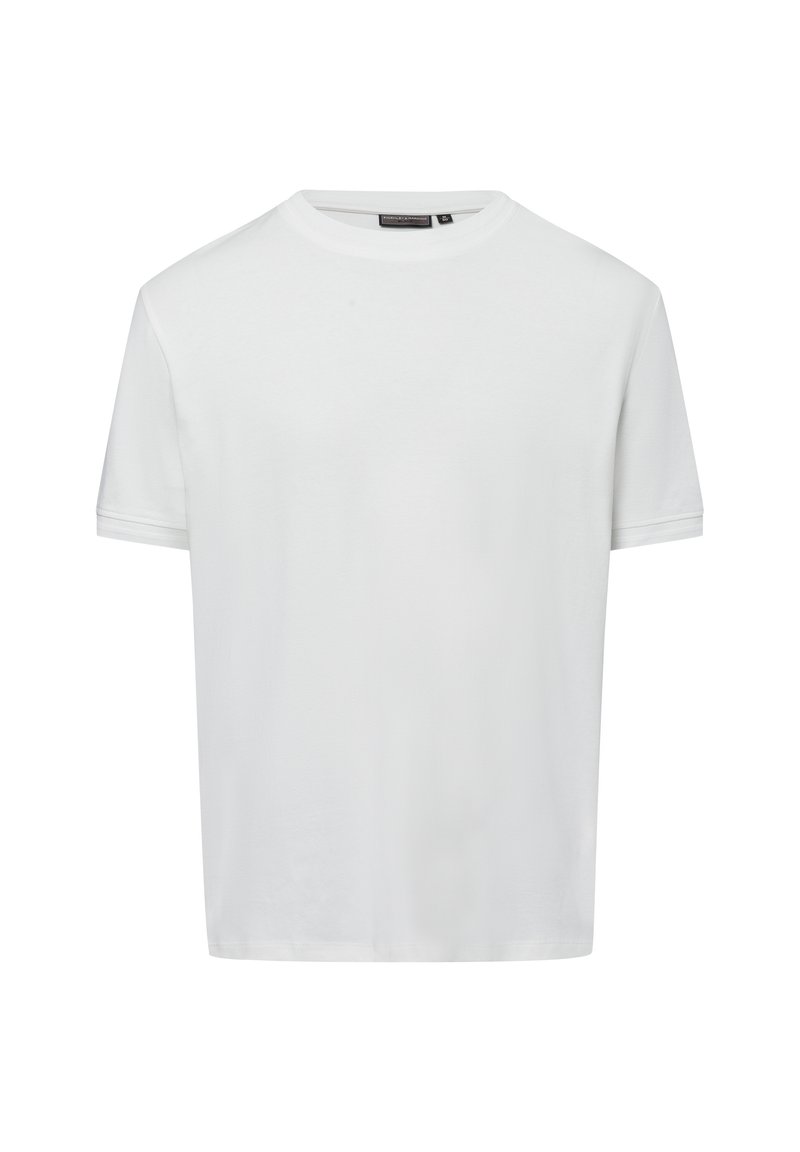 Weißes Baumwoll-T-Shirt mit Rundhalsausschnitt, kurzen Ärmeln und geradem Schnitt. Glatte Textur, keine sichtbaren Muster oder Akzente.