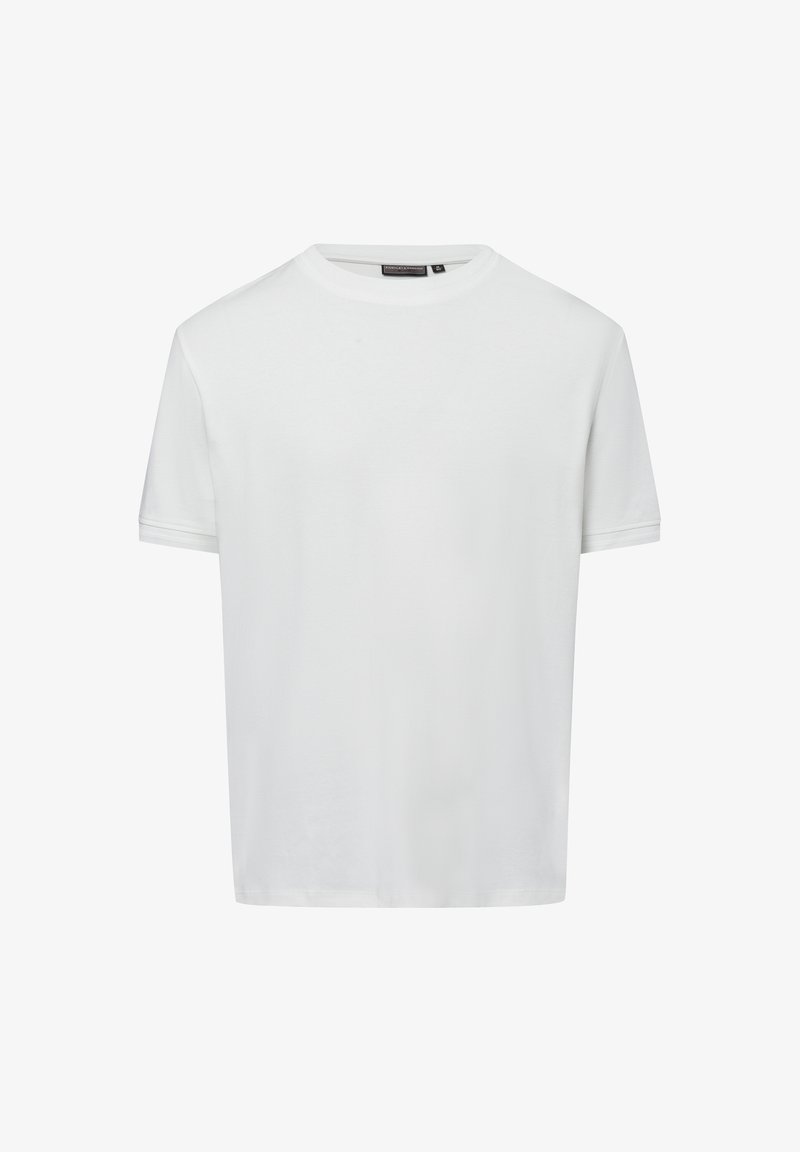 Weißes Baumwoll-T-Shirt mit Rundhalsausschnitt, kurzen Ärmeln und geradem Schnitt. Glatte Textur, keine sichtbaren Muster oder Akzente.