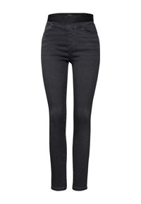 Svarta denim skinny jeans med hög midja, med subtila sömnadsdetaljer och utan synlig metalldetalj, slät textur genom hela plagget.