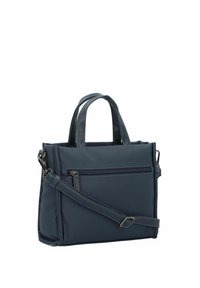 Borsa a mano in nylon blu scuro con manici doppi, tracolla regolabile, tasca frontale con zip e texture liscia.