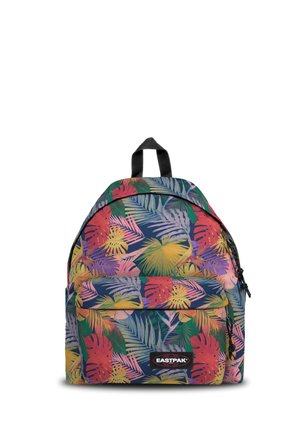 Sac à dos avec un motif de feuilles tropicales en vert, rouge, jaune, violet et bleu, avec une poche frontale et des tirettes de fermeture éclair noires.