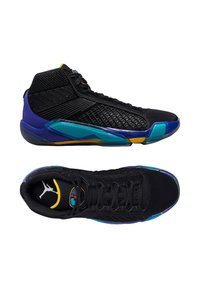 Baskets montantes noires avec des accents multicolores en violet, turquoise et jaune. Tige en maille texturée avec un collier rembourré et semelle extérieure en caoutchouc.