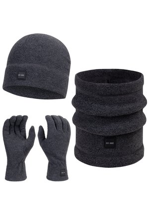 Dark gray fleece winter set including a beanie, neck warmer, and pair of gloves with small black logo patches.