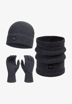 Dark gray fleece winter set including a beanie, neck warmer, and pair of gloves with small black logo patches.