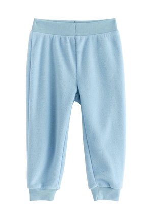 Light blue fleece pants with a soft texture, featuring an elastic waistband and ribbed cuffs. Designed for comfort and casual wear.
