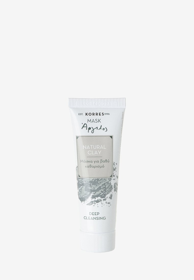 Naturlig lermask i en vit tub med grå accenter. Har en etikett med texten "Naturlig Ler" och "Djup Rengöring" i tydlig typografi.