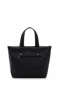 Zwarte leren totebag met een gestructureerde afwerking, bovenste handvatten en een voorvak met rits. Voorzien van decoratieve metalen details.