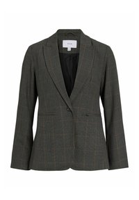 Pilkas languotų raštų švarkas su oranžiniais akcentais, vieno mygtuko užsegimas, iškirptės apykaklė ir dvi priekinių kišenių. Pagamintas iš tekstūruoto audinio.