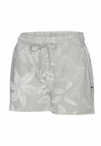 Světlé šedé šortky s bílým květinovým vzorem, elastickým pasem a přední šňůrkou na stažení.