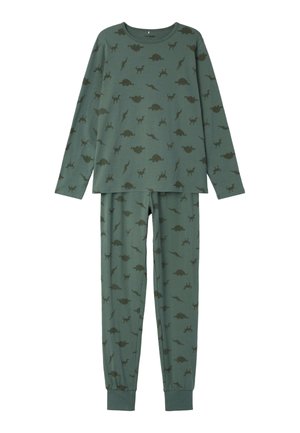 Ensemble de pyjama vert à manches longues avec des silhouettes de dinosaures imprimées en vert foncé, comprenant un haut à col rond et un pantalon avec poignets.