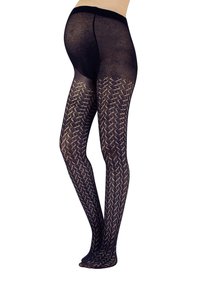 Collant neri a fantasia con un design testurizzato, caratterizzati da un ampio elastico in vita e un motivo geometrico su tutta l'area delle gambe.