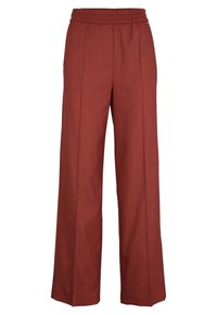 Pantalon à jambes larges en tissu rouge profond, doté d'une ceinture élastique, de plis à l'avant et d'une texture lisse. Pas de poches visibles.