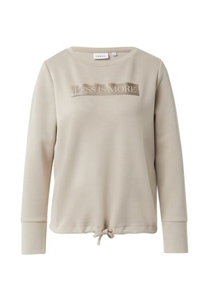 Beige sweatshirt met lange mouwen, voorzien van een satijnachtige "LESS IS MORE" graphic aan de voorkant en een koord onderaan voor een verstelbare pasvorm.