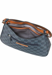 Navy patterned handbag with a smooth texture, brown leather accents, a zippered pocket, and a spacious interior lined in gray fabric.