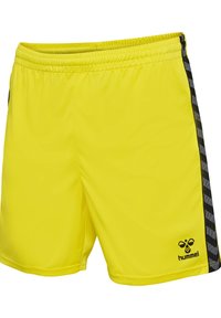 Helle gelbe Sportshorts aus leichtem Material. Mit einem schwarzen Seitenstreifen mit geometrischem Muster und einem Logo in der Ecke.