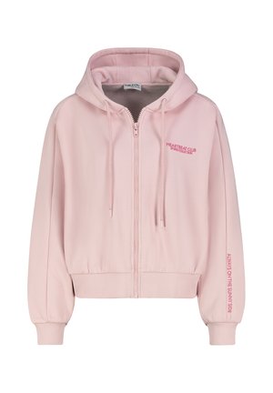 Lichtroze zip-up hoodie met capuchon en trekkoord, geribbelde boorden, tekst "HEARTBEAT CLUB" op de borst en tekst "ALWAYS ON THE SUNNY SIDE" op de linker mouw.