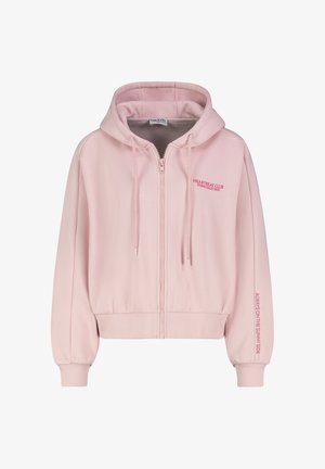 Light pink zip-up hoodie with drawstring hood, ribbed cuffs, "HEARTBEAT CLUB" text on chest, and "ALWAYS ON THE SUNNY SIDE" text on left sleeve.