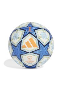 UEFA Women's Champions League voetbal met een wit en blauw ontwerp, sterrenpatronen, een oranje Adidas-logo en decoratieve accenten.