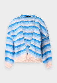 Πλεκτή ζακέτα με ανοικτό μπροστινό μέρος και οριζόντιες ρίγες σε αποχρώσεις του μπλε και του ανοιχτού ροζ, με μακριά μανίκια και ριμπ τελείωμα στη μέση και στα μανίκια.