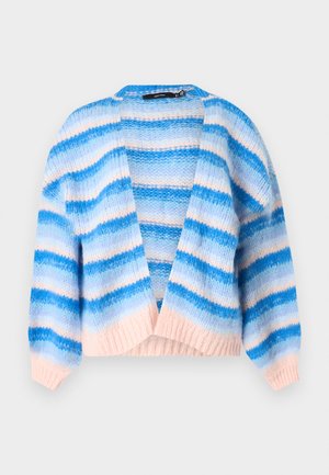 Knit jopica z odprtim sprednjim delom s horizontalnimi črtami v odtenkih modre in svetlo roza barve, z dolgimi rokavi ter rebrastim robom in manšetami.