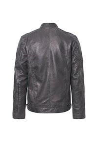 Svart läderjacka med hög krage, synliga sömdetaljer och rak passform. Tyget verkar slätt med en svag lyster.