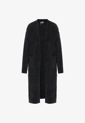 Zwarte lange cardi met open voorkant, lange mouwen en twee voorzakken. Gemaakt van een pluizige stof, met een gestructureerd patroon door het hele kledingstuk.