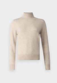 Beige polotröja i mjukt material med långa ärmar och ribbade mudd på ärmar och fåll, med en slät textur.