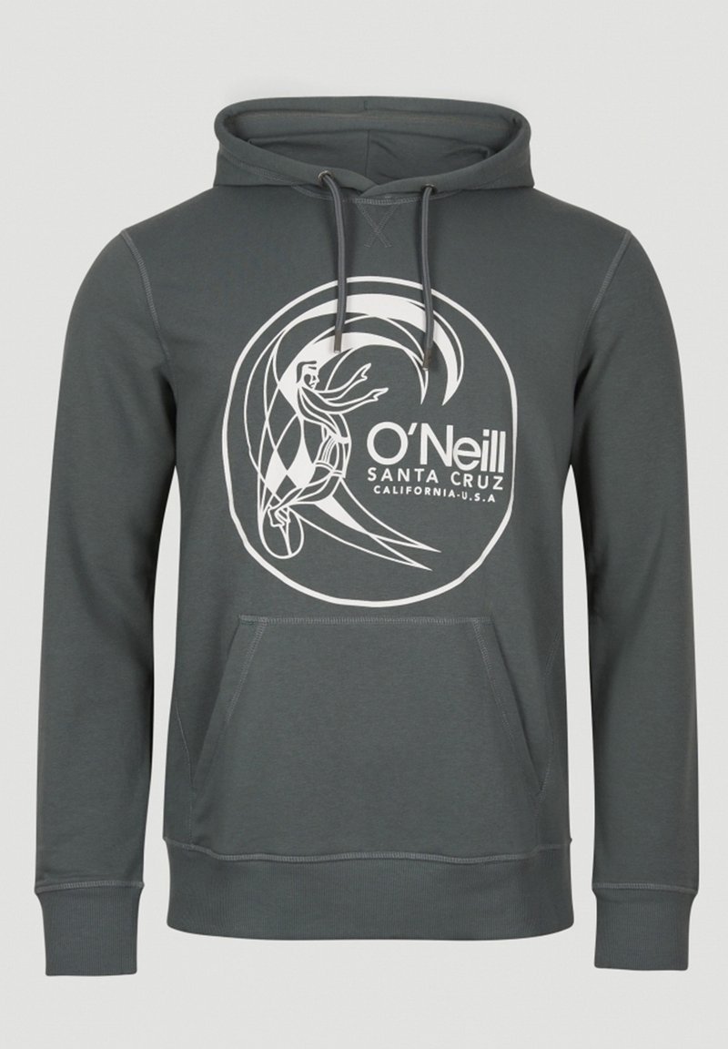 Grijze katoenen hoodie met een voorkant kangaroozak, voorzien van een witte grafische print en koordjes bij de capuchon.