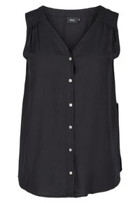 Haut sans manches noir avec un décolleté en V, des boutons à l'avant et des détails froncés aux épaules. Fabriqué en tissu lisse avec une coupe décontractée.