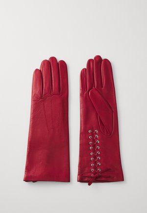 Rode leren handschoenen met een gladde textuur, een aansluitend ontwerp, drie decoratieve naden op de achterkant en kanten details met metalen oogjes.