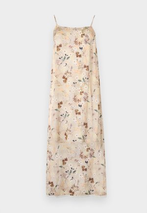 Robe longue sans manches à motif floral en tissu beige clair. Présente des motifs délicats de fleurs aux couleurs pastel et une bordure en dentelle à l'ourlet.