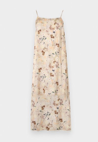 Robe longue sans manches à motif floral en tissu beige clair. Présente des motifs délicats de fleurs aux couleurs pastel et une bordure en dentelle à l'ourlet.