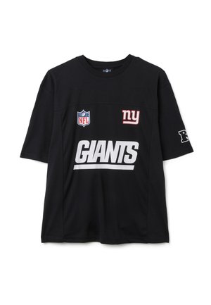 Schwarzes T-Shirt mit kurzen Ärmeln, das weißen "GIANTS"-Text, NFL-Logo und roten "ny"-Buchstaben zeigt. Hergestellt aus Baumwolle mit glatter Textur.