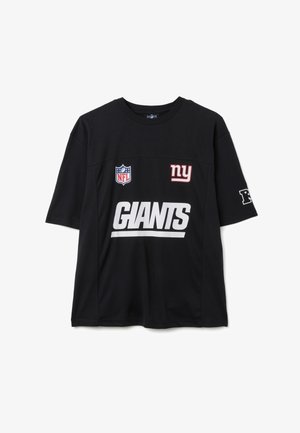 Schwarzes T-Shirt mit kurzen Ärmeln, das weißen "GIANTS"-Text, NFL-Logo und roten "ny"-Buchstaben zeigt. Hergestellt aus Baumwolle mit glatter Textur.