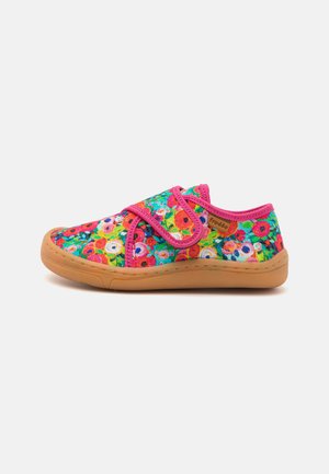 Floral children's shoe with a vibrant green fabric upper, pink Velcro strap, and a gum rubber sole, featuring a multi-colored floral pattern.