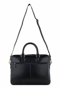 Sac à dos pour ordinateur portable en cuir noir avec double poignées et bandoulière amovible. Il dispose d'une poche zippée à l'avant et d'une surface lisse et texturée.