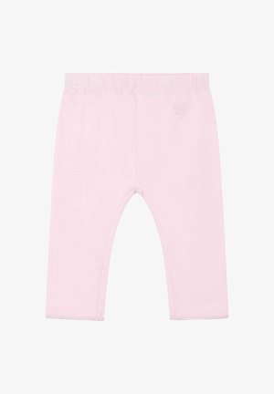 Helle rosa Baumwollleggings mit einem elastischen Bund und einem kleinen, geprägten Logo auf der Vorderseite. Gerade Beinform, weicher Stoff.