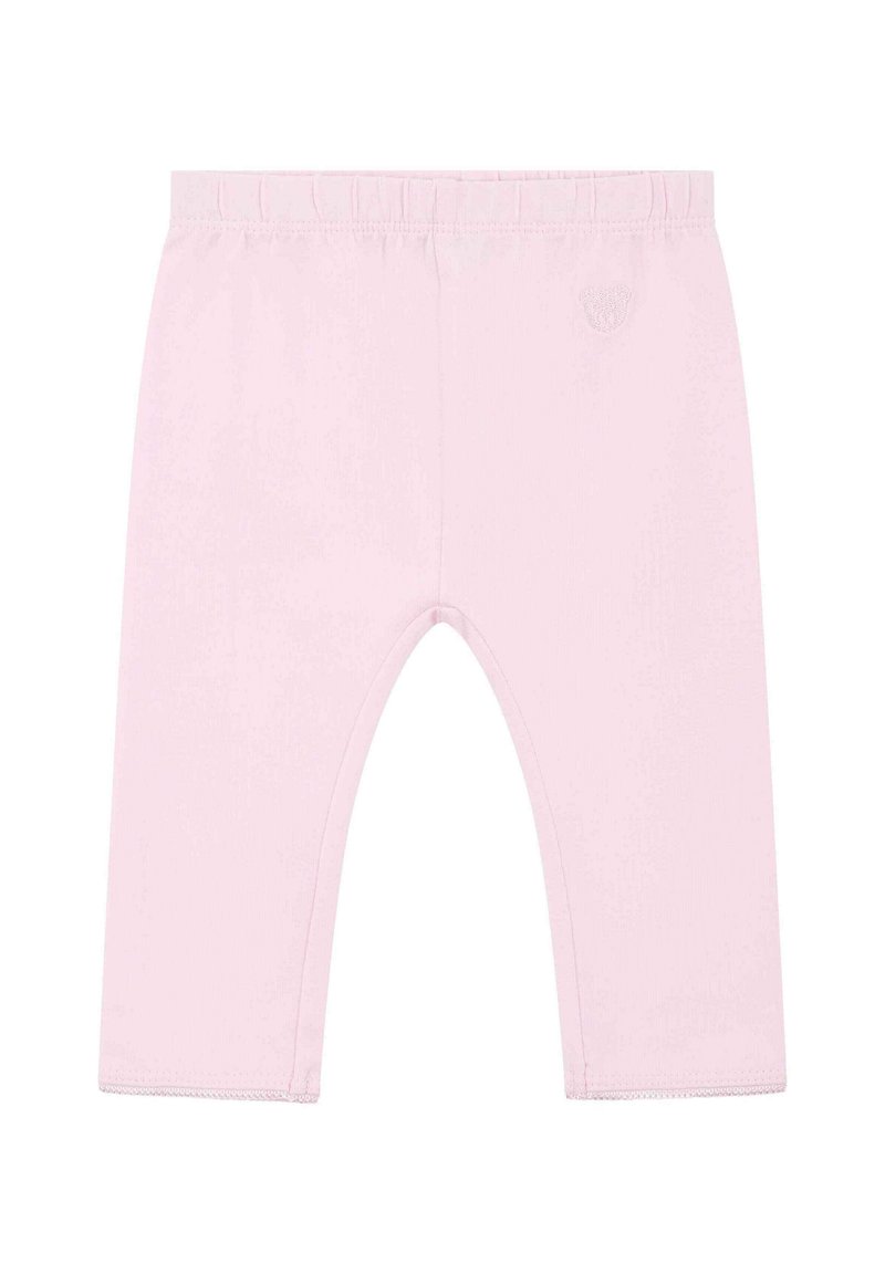 Lichtroze katoenleggings met een elastische tailleband en een klein, reliëflogo aan de voorkant. Rechte pijpdesign, zachte textuur.