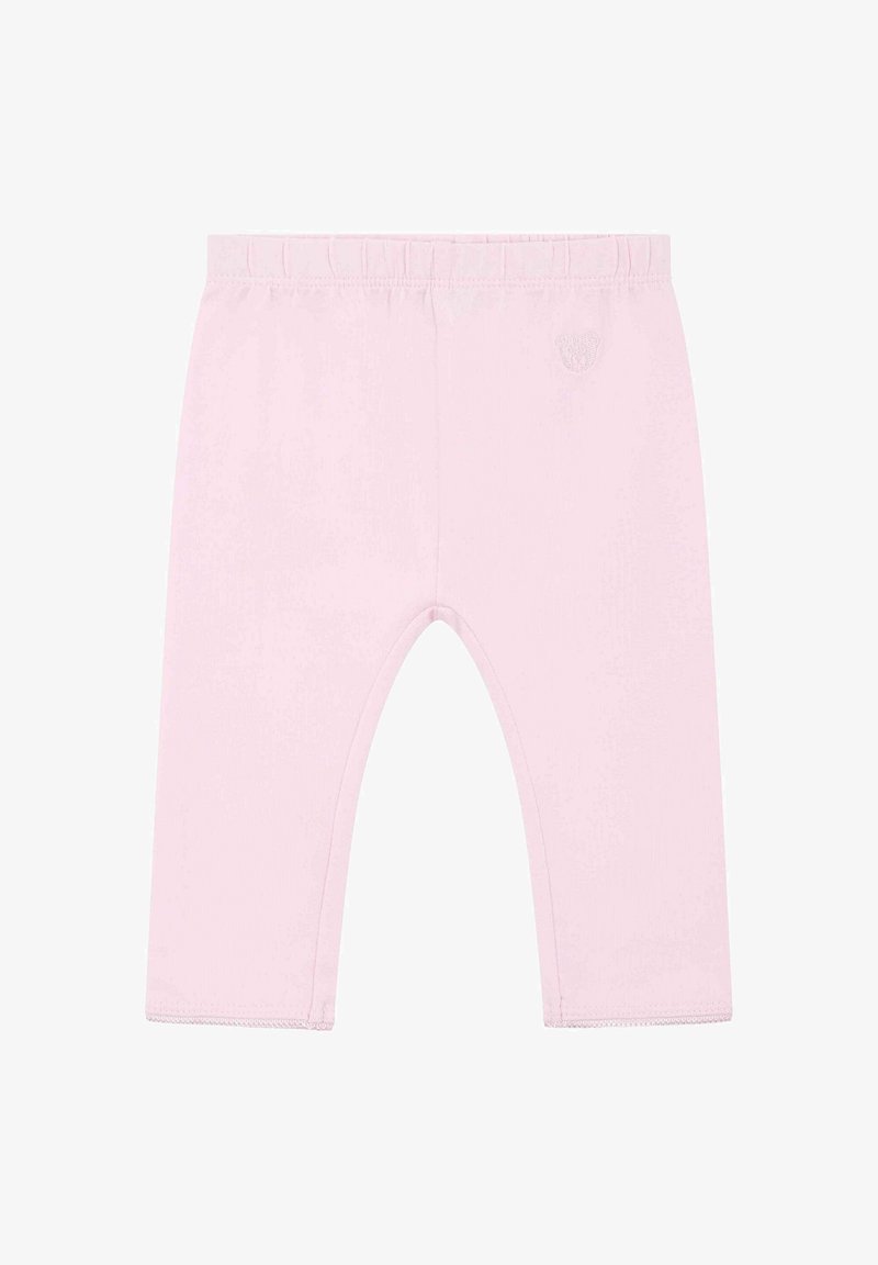 Light pink cotton leggings with an elastic waistband and a small, embossed logo on the front. Straight leg design, soft texture.