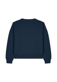Sweatshirt à col rond à longues manches de couleur bleu marine, avec des poignets et un ourlet côtelés, vu de dos sur fond blanc.