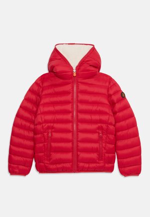 Red puffer jacket with a hood, zip front, and two zippered side pockets. Made of quilted fabric with a soft, cream inner lining.