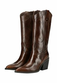 Bottes de cowboy en cuir marron avec des orteils pointus, un petit talon et des motifs perforés complexes sur la tige. Texture lisse, design classique.