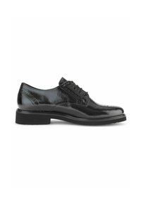 Chaussure habillée en cuir noir avec une finition brillante, un design à lacets, des détails brogue le long des bords et une semelle en caoutchouc noir robuste.