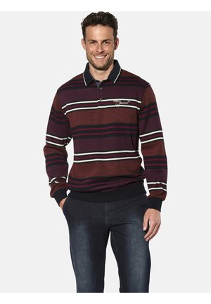 Weinroter Polo-Strickpullover mit weißen und grünen Akzenten, ausgestattet mit Kragen, langen Ärmeln und gerippten Bündchen. Markenlogo auf der Brust.