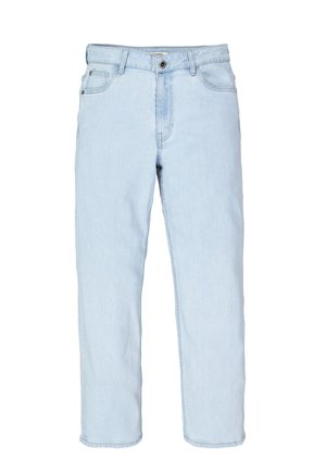 Hellblaue Jeans aus Denim mit geradem Bein, ausgestattet mit einem Knopfverschluss, fünf Taschen und dezenten Ziernähten.