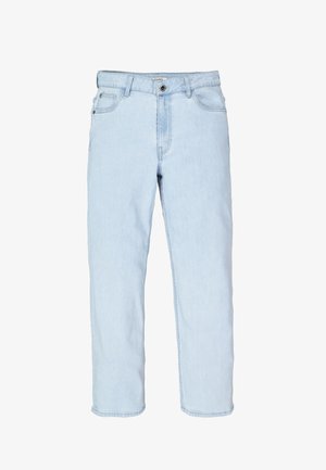 Jean en denim bleu clair avec une coupe droite, doté d'une fermeture à boutons, de cinq poches et de détails de couture discrets.