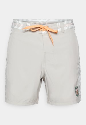 Light gray swim shorts with an orange drawstring, featuring a patterned waistband and a patch on the side. Made of quick-dry material.