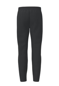 Pantaloni della tuta neri con vita elastica, gambe affusolate e tessuto dalla texture liscia. Nessuna tasca o motivo visibile.