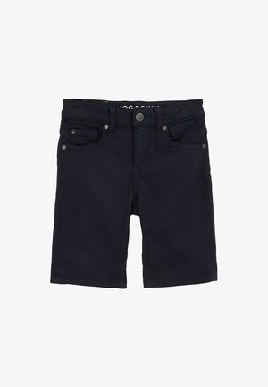 Temno modri jeans kratke hlače s petimi žepi, kovinsko okovje in gumbom za zapiranje, z ravnim krojem in brez vidnih vzorcev.