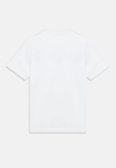 T-shirt branca de mangas curtas feita de algodão, com decote redondo e parte traseira lisa sem padrões ou detalhes.